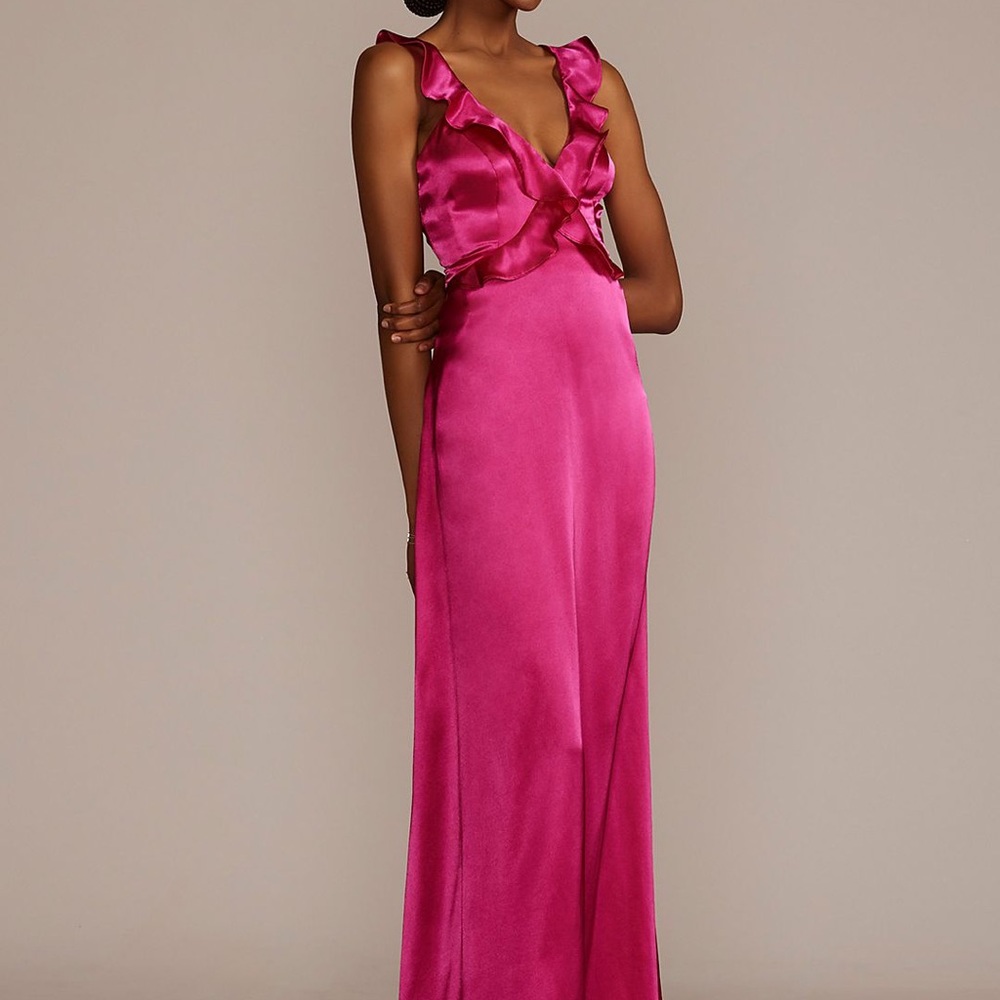 Floor length ruffle charmeuse gown in begonia color size 8 NWT